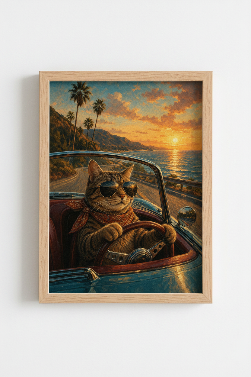 Cat in Sunglasses Wall Art Print | Retro Coastal Decor | Funny Animal Poster