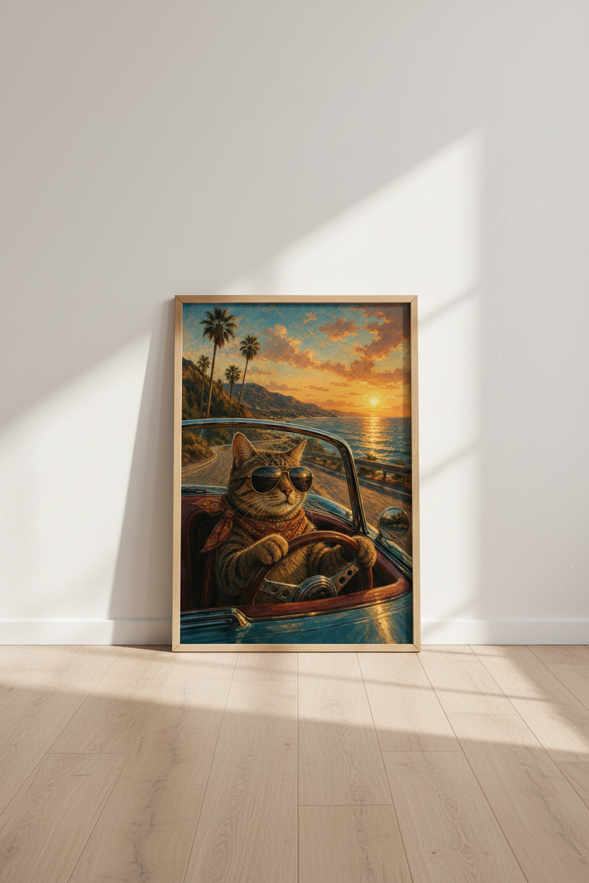 Cat in Sunglasses Wall Art Print | Retro Coastal Decor | Funny Animal Poster