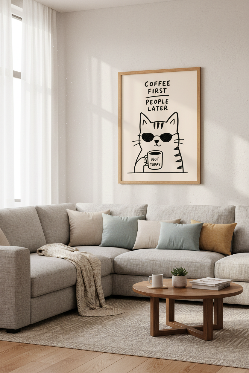 Funny Cat Coffee Poster | Minimalist Kitchen Decor, Sarcastic Animal Print Art
