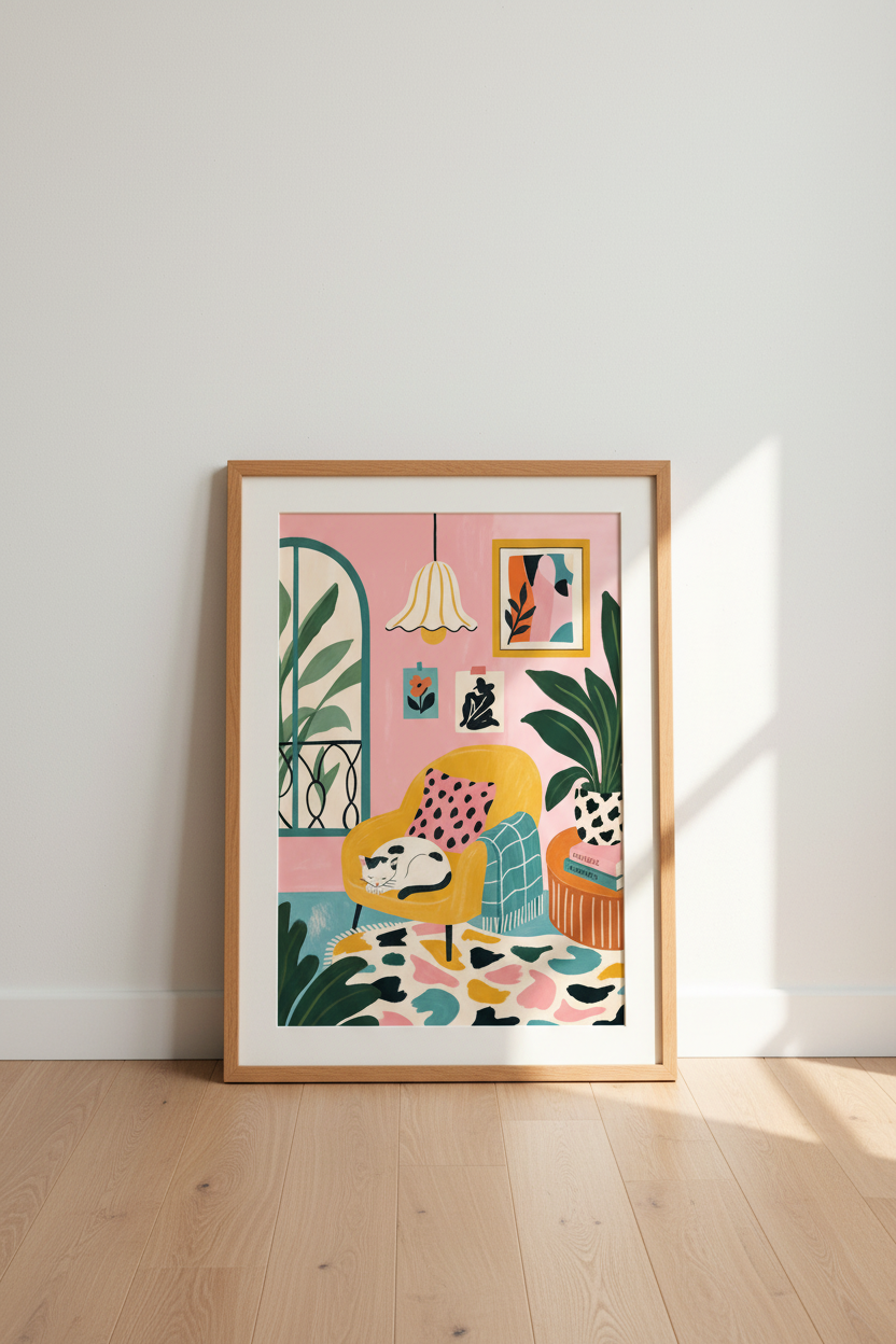 Sleeping Cat Art Print | Matisse Style Pink Decor, Boho Living Room Poster