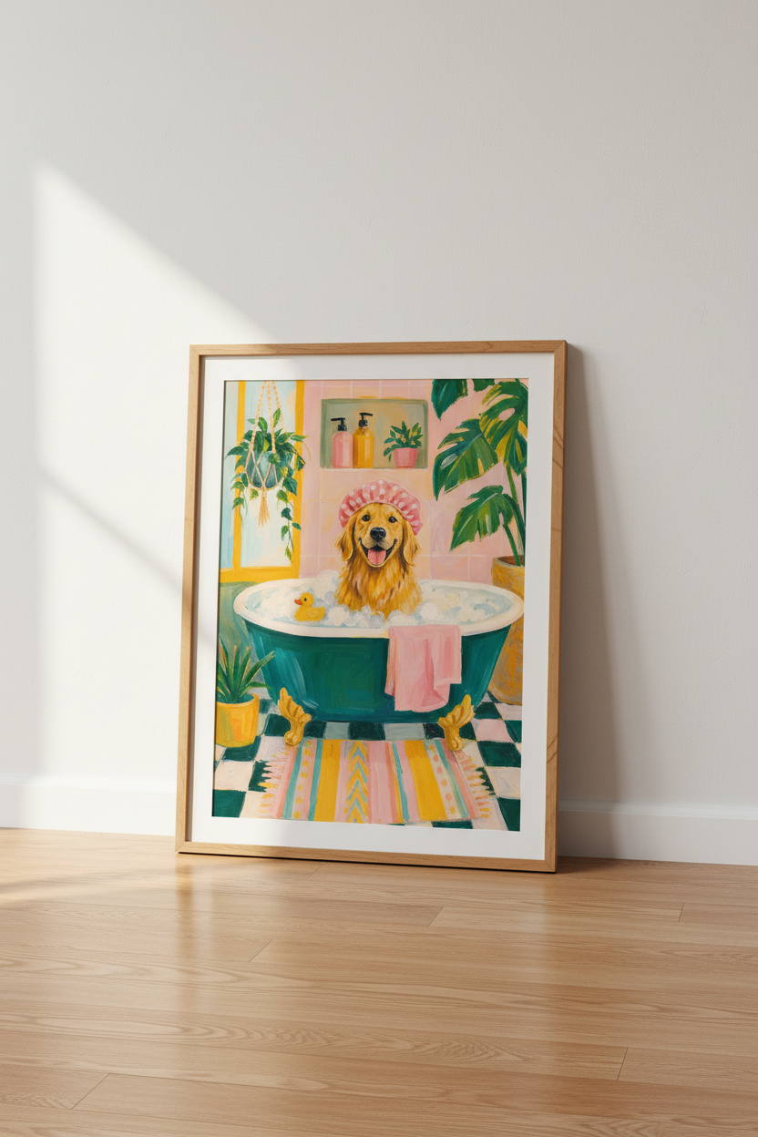 Golden Retriever Bath Wall Art Print | Funny Bathroom Decor | Maximalist Poster