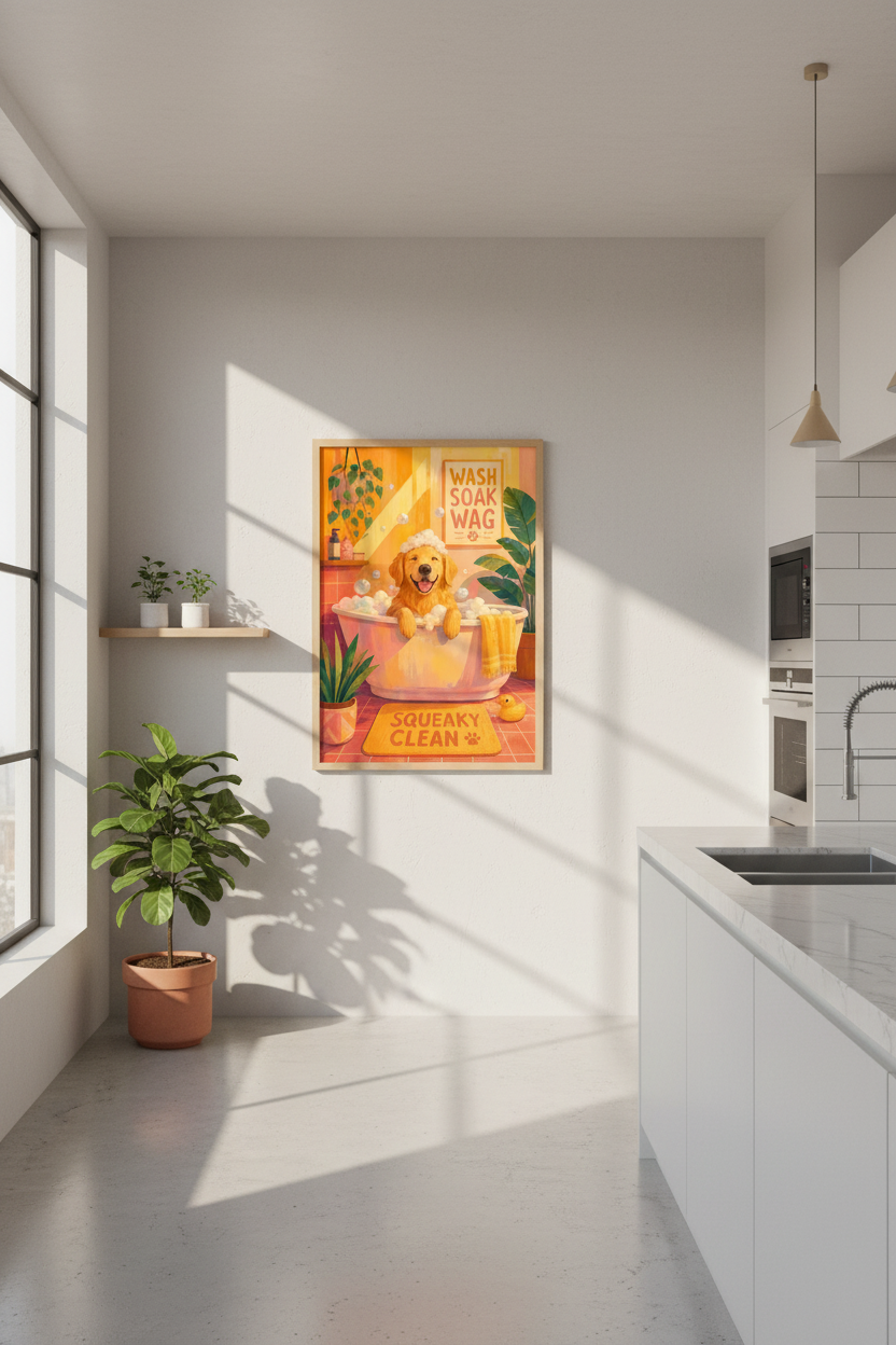 Golden Retriever Bathroom Wall Art | Funny Dog Bath Poster, Cute Puppy Decor