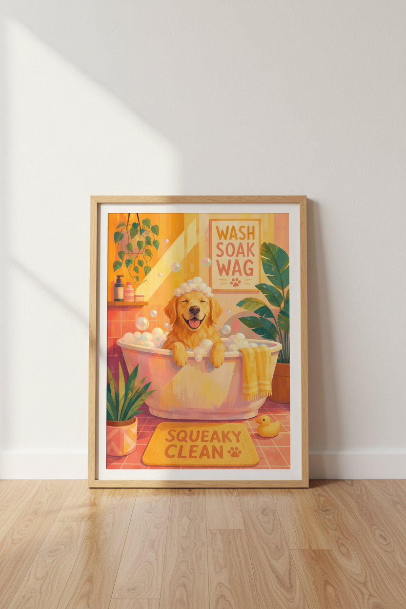 Golden Retriever Bathroom Wall Art | Funny Dog Bath Poster, Cute Puppy Decor