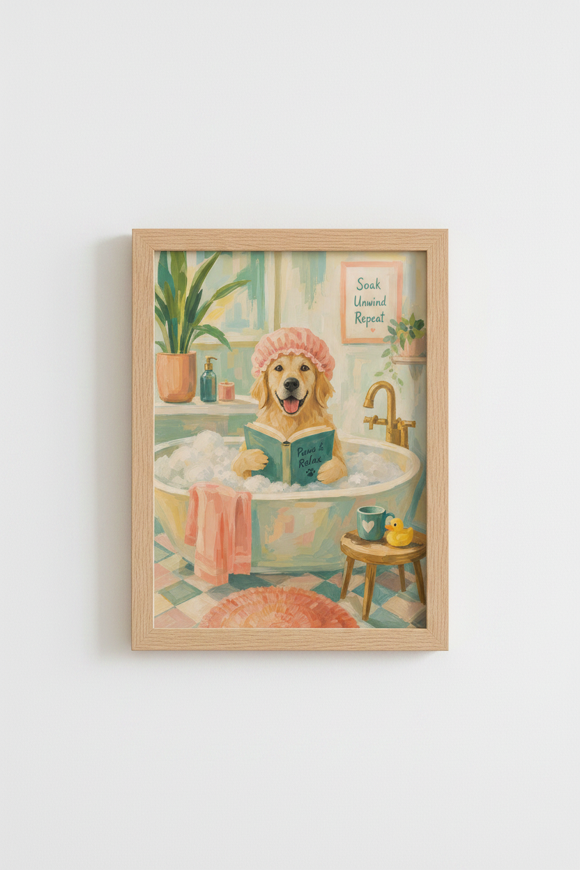 Golden Retriever Bathroom Wall Art | Funny Dog Bathtub Poster | Cute Pet Decor