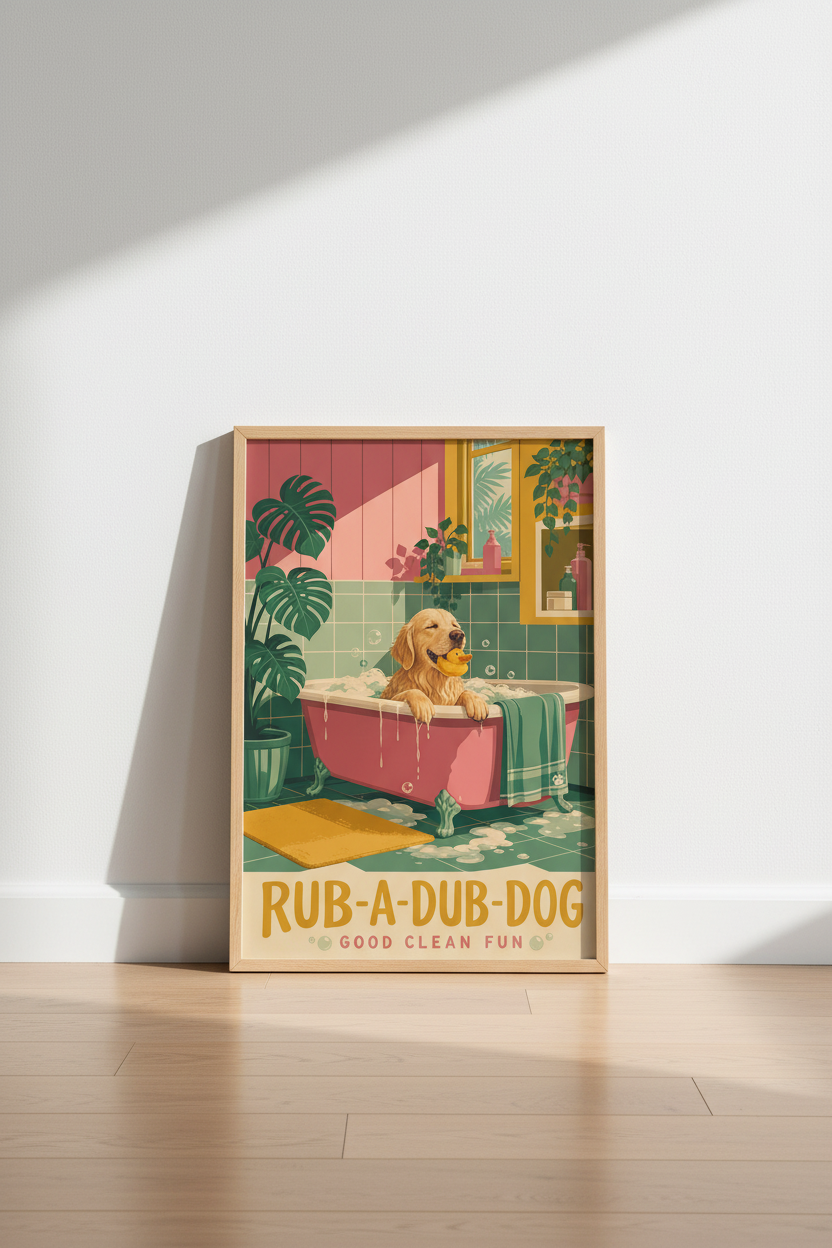 Dog Bathroom Wall Art | Golden Retriever Print, Retro Mid Century Modern Poster