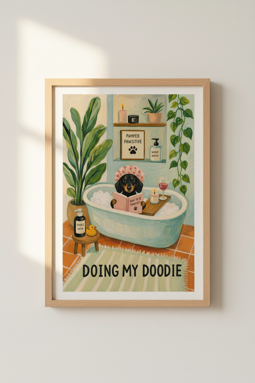 Dog in Bathtub Art Print | Funny Dachshund Bathroom Decor | Whimsical Pet Poster