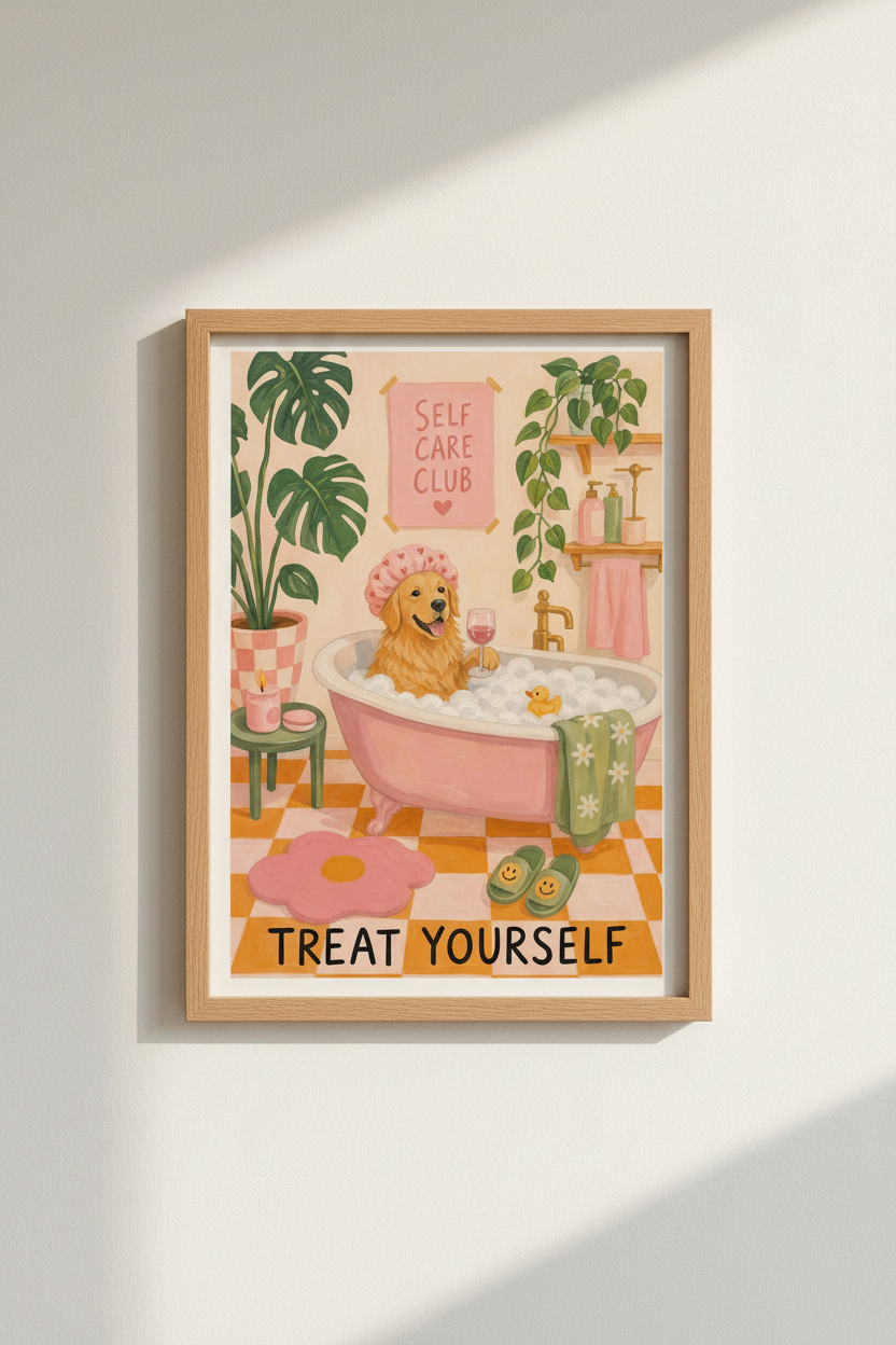 Golden Retriever Art Print | Funny Bathroom Decor | Preppy Pink Poster
