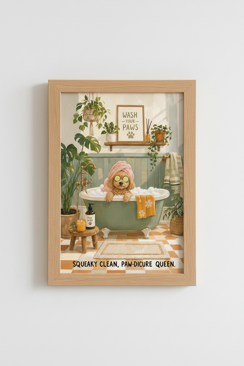 Funny Bathroom Wall Art | Poodle in Bathtub Decor | Cute Dog Spa Poster