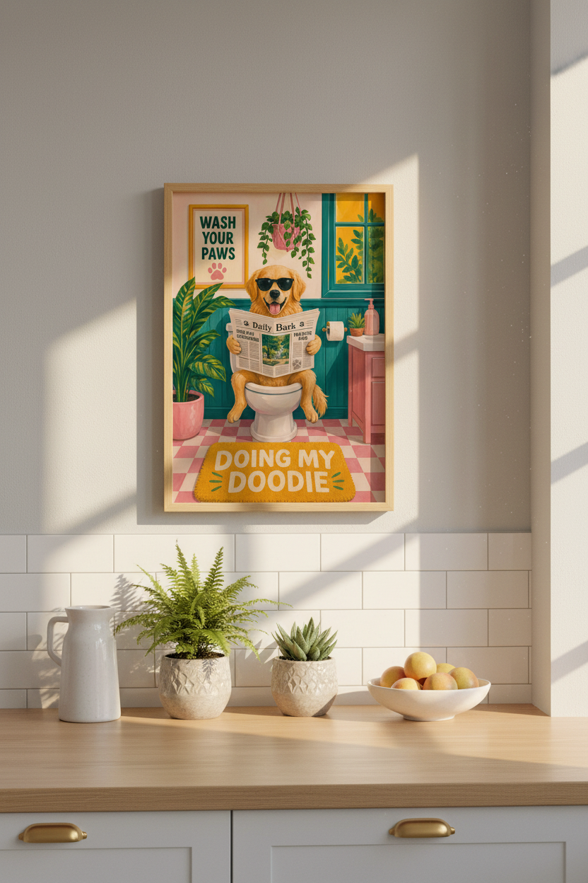 Funny Bathroom Dog Print | Golden Retriever Art | Colorful Quirky Poster