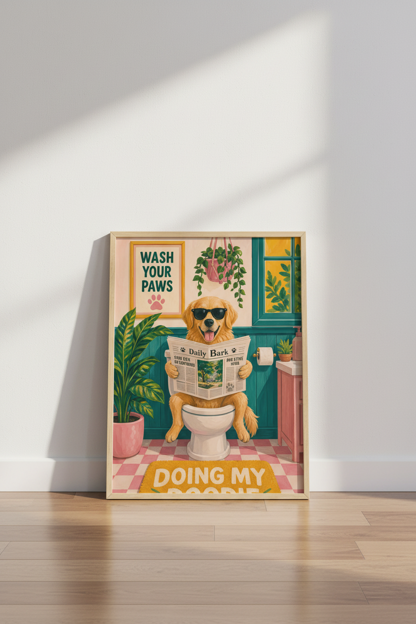 Funny Bathroom Dog Print | Golden Retriever Art | Colorful Quirky Poster