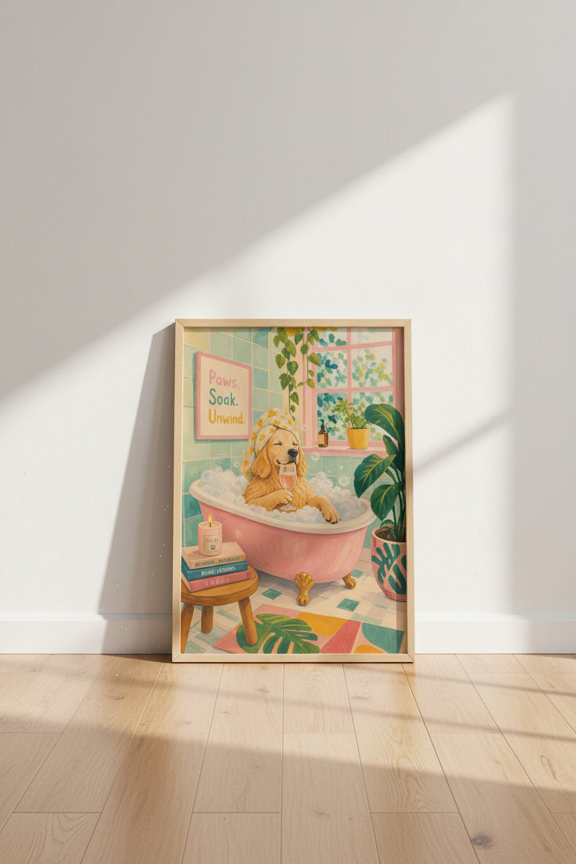 Golden Retriever Bathroom Art | Funny Dog in Bathtub Poster, Whimsical Wall Decor