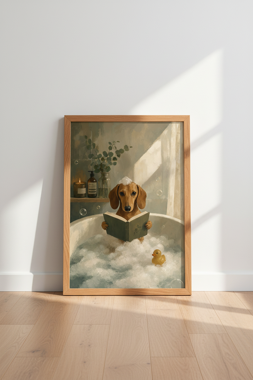 Dachshund Reading in Bathtub Wall Art | Funny Dog Bathroom Decor | Oil Painting Poster
