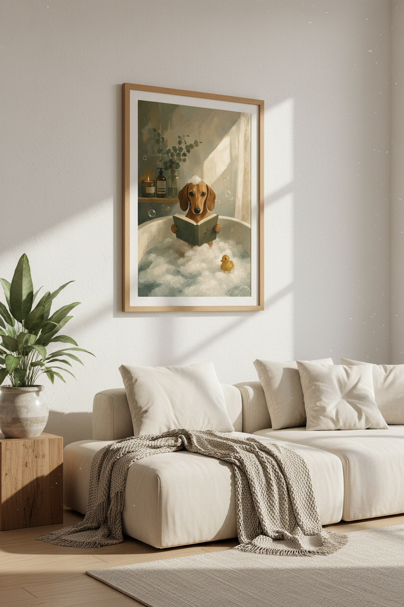 Dachshund Reading in Bathtub Wall Art | Funny Dog Bathroom Decor | Oil Painting Poster