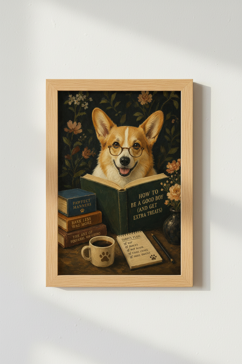 Funny Corgi Wall Art | Dark Academia Dog Poster, Library Humor Decor