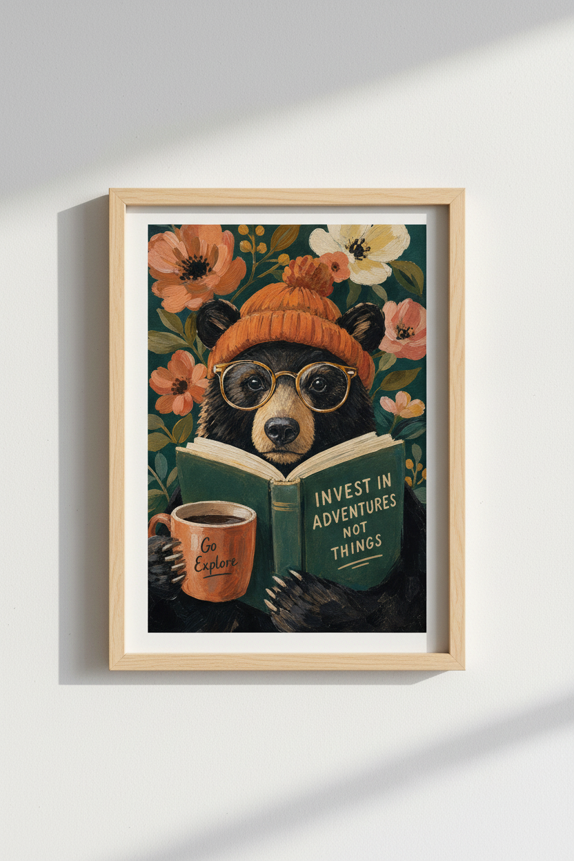 Dark Academia Bear Art Print | Whimsical Animal Poster | Cozy Home Decor