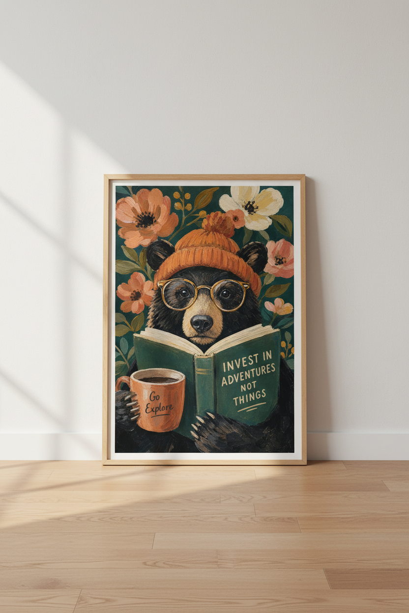 Dark Academia Bear Art Print | Whimsical Animal Poster | Cozy Home Decor