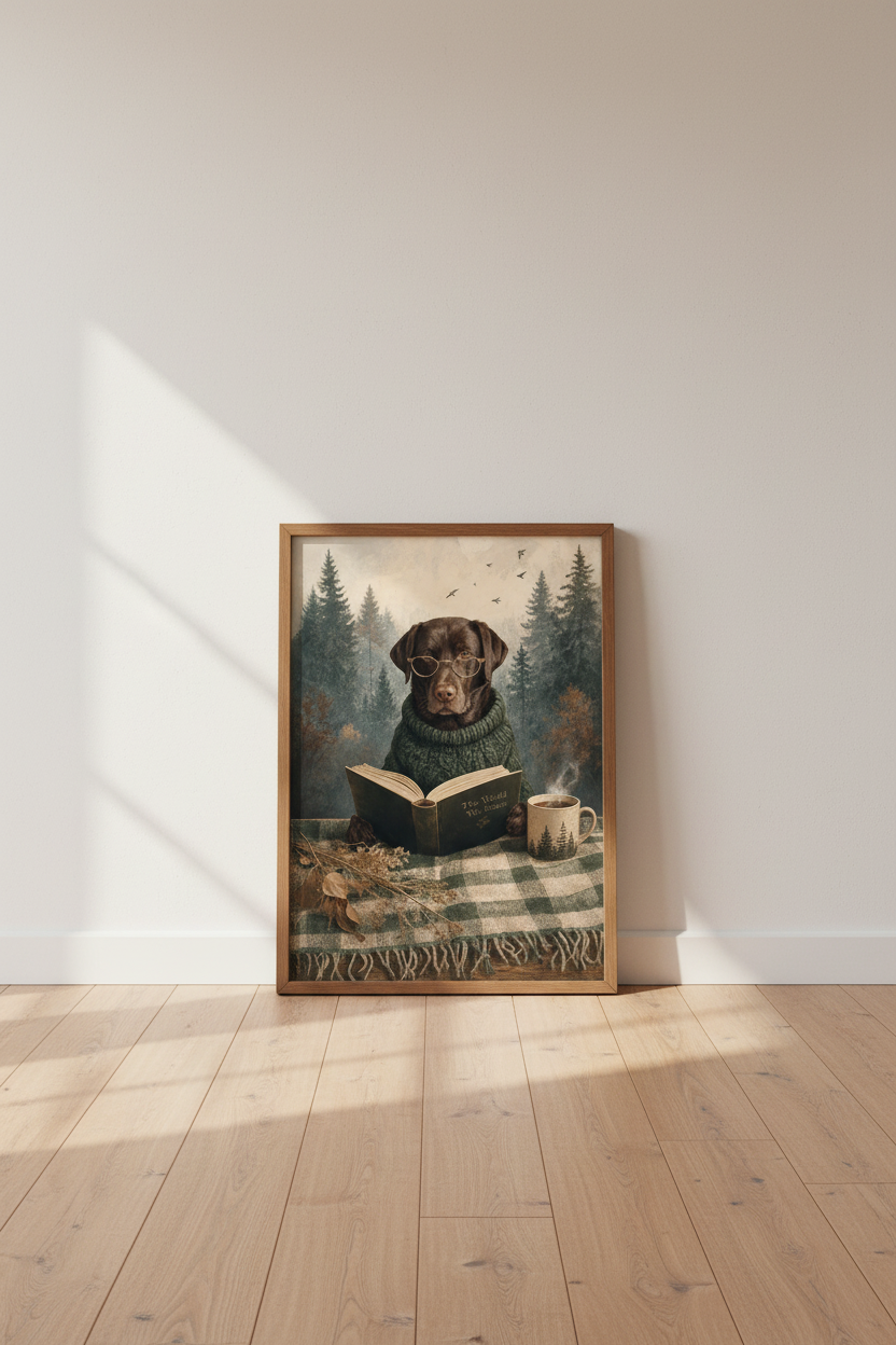 Chocolate Labrador Reading Book Wall Art | Dark Academia Decor | Cozy Dog Poster