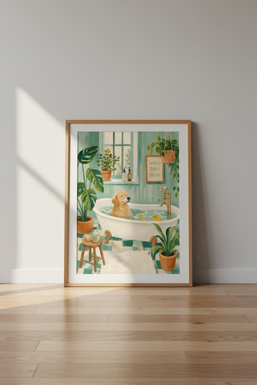 Bathroom Art Print | Golden Retriever Dog in Tub Poster, Teal & Sage Green Decor