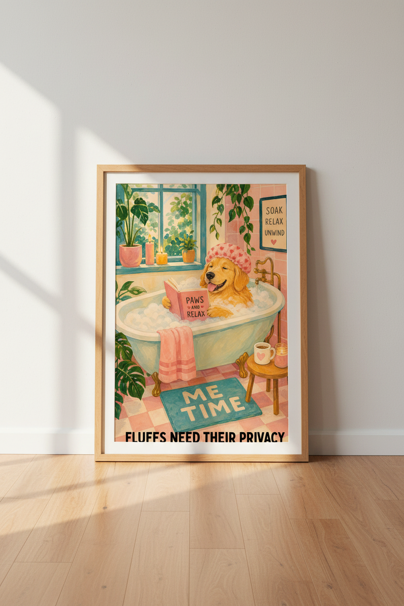 Golden Retriever Bath Wall Art Print | Funny Dog Bathroom Decor | Kitsch Puppy Poster
