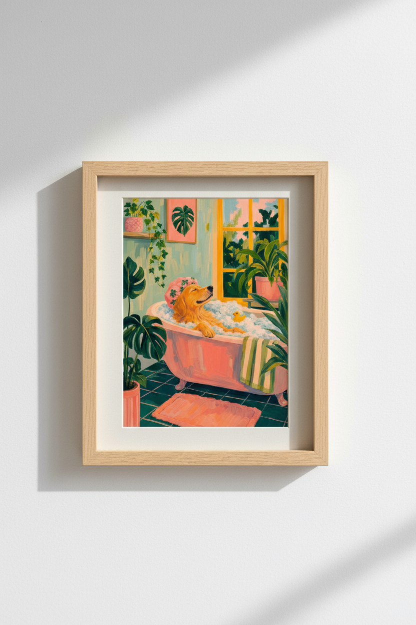 Golden Retriever Bath Wall Art Print | Funny Dog Bathroom Decor | Colorful Poster