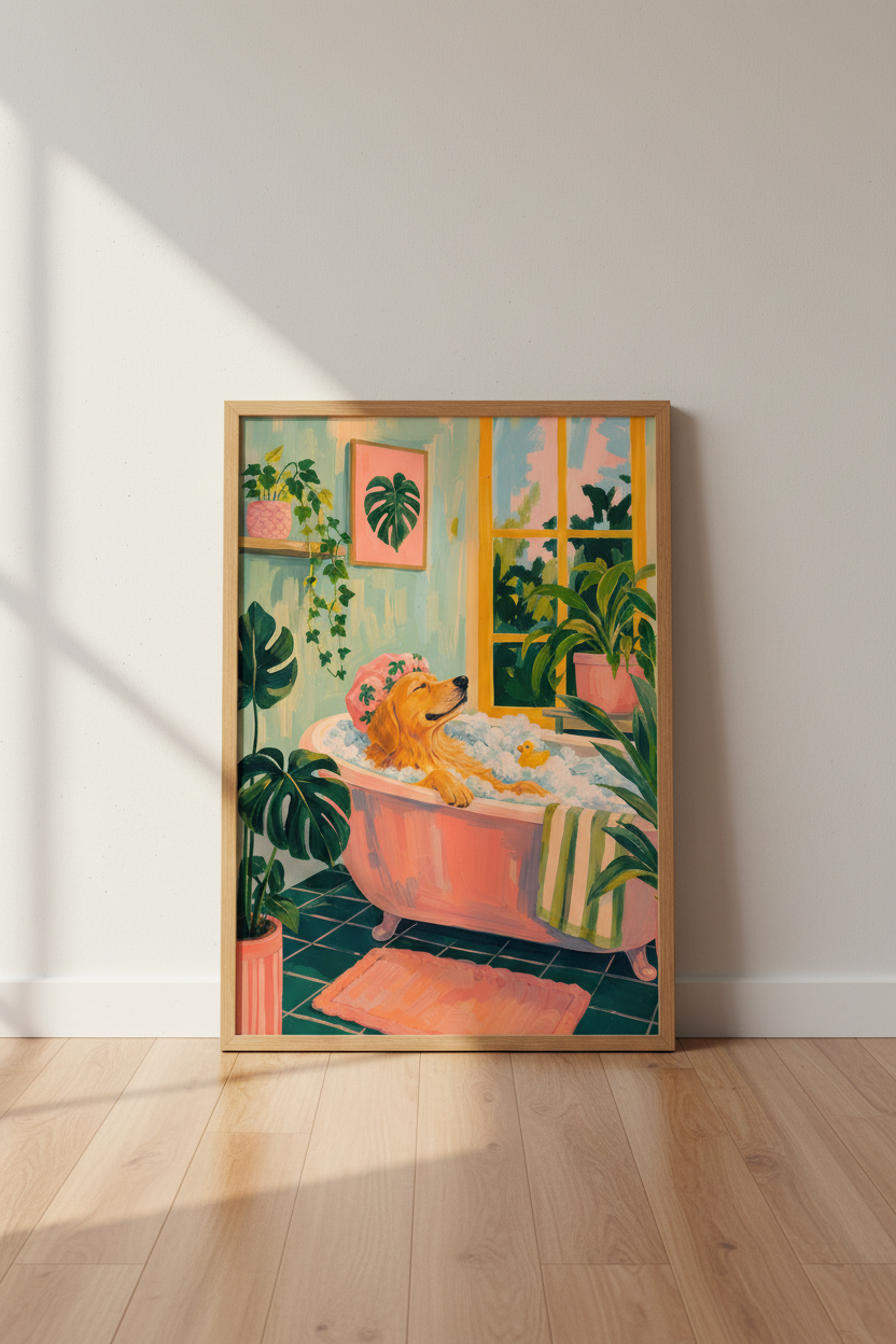 Golden Retriever Bath Wall Art Print | Funny Dog Bathroom Decor | Colorful Poster