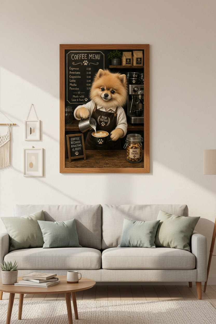 Pomeranian Barista Wall Art | Coffee Lover Decor | Cute Dog Poster