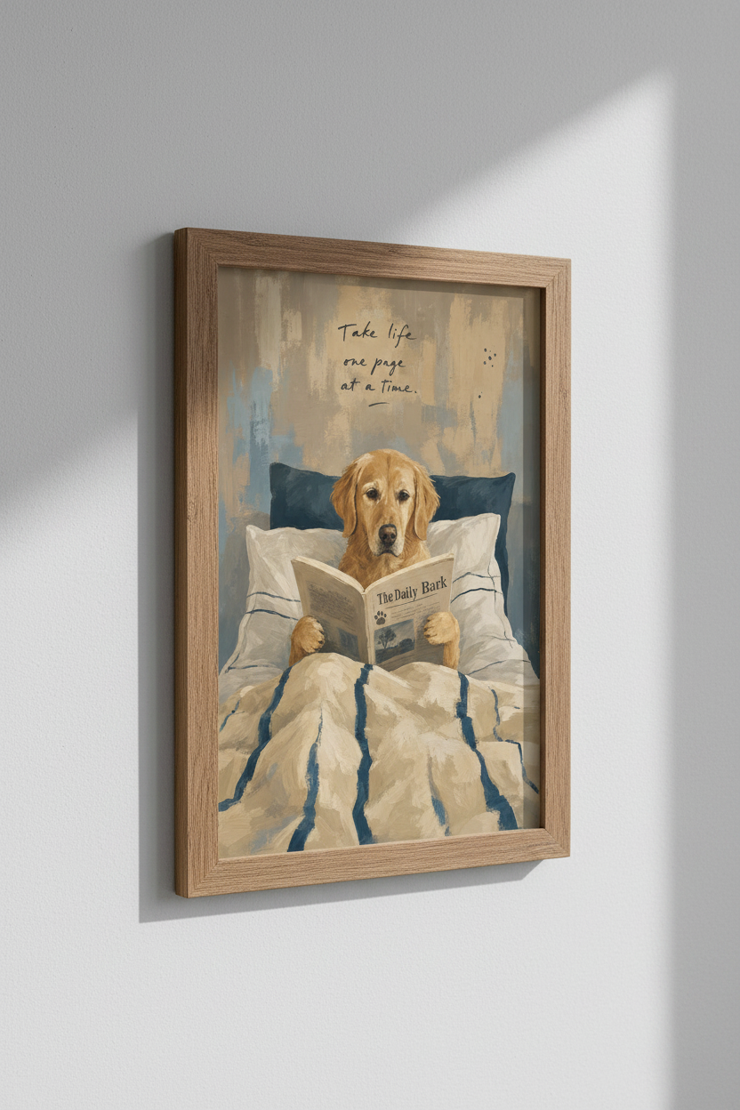 Golden Retriever Reading in Bed Art | Cozy Dog Poster, Bedroom Decor Fine Art