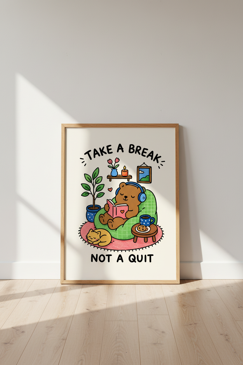 Cute Bear Wall Art | Cozy Cartoon, Soft Pastels | Living Room Decor