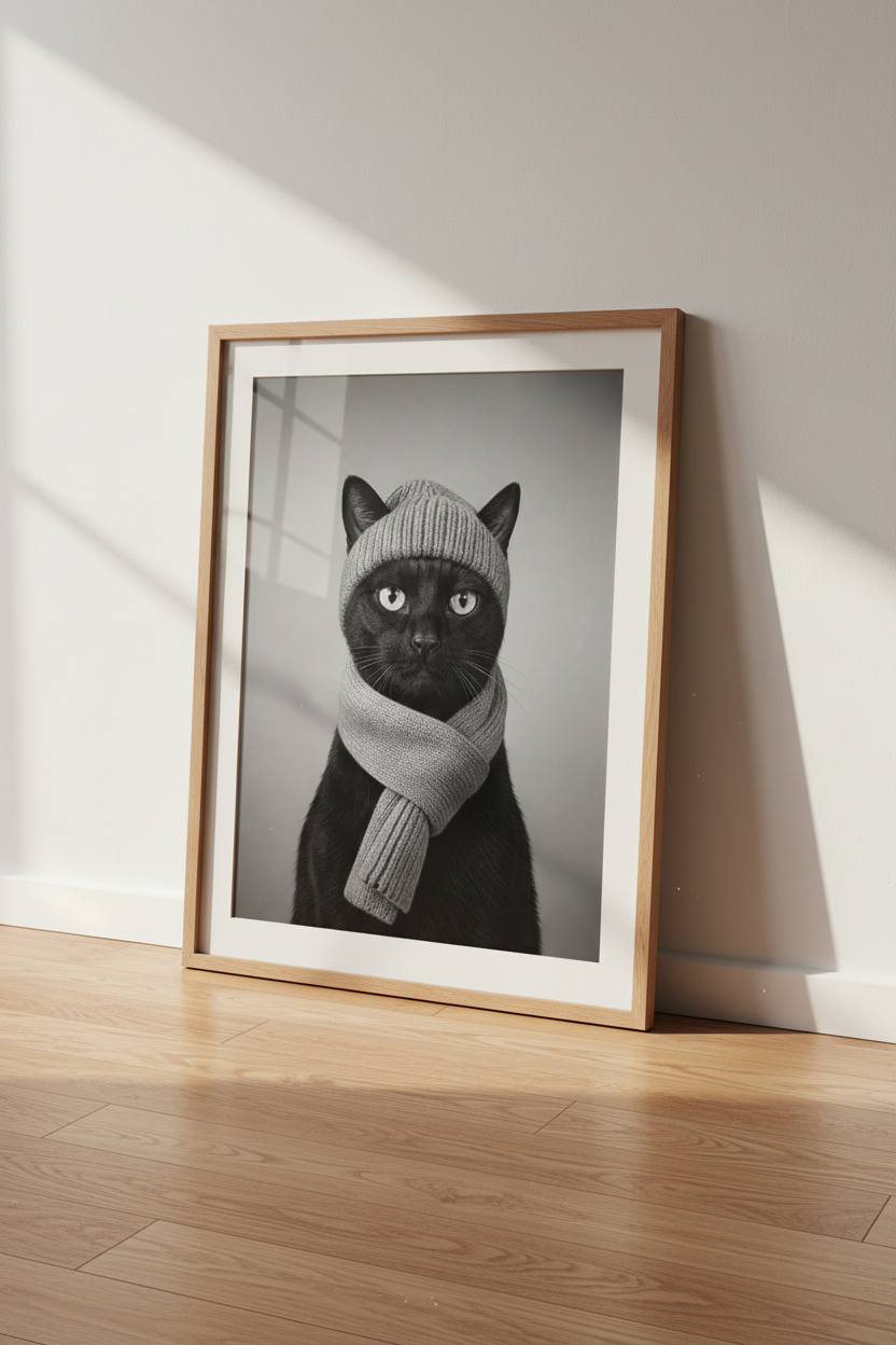 Black Cat in Beanie Wall Art | Funny Animal Photo, Modern Home Decor Poster