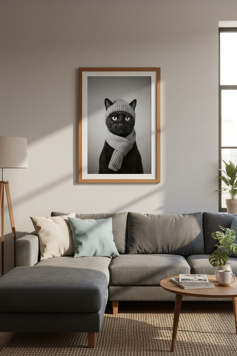 Black Cat in Beanie Wall Art | Funny Animal Photo, Modern Home Decor Poster
