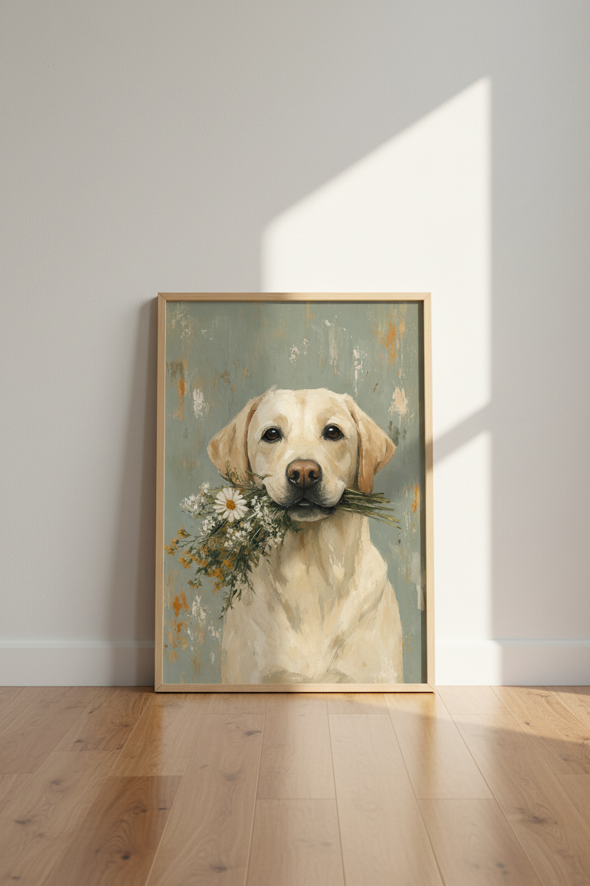 Yellow Labrador with Flowers Painting | Rustic Dog Wall Art, Farmhouse Decor