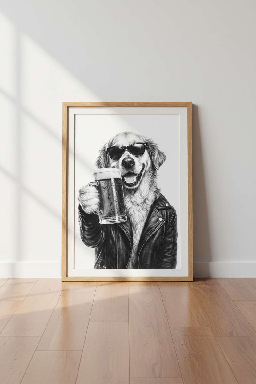 Golden Retriever Beer Art | Cool Dog Poster, Man Cave Wall Decor