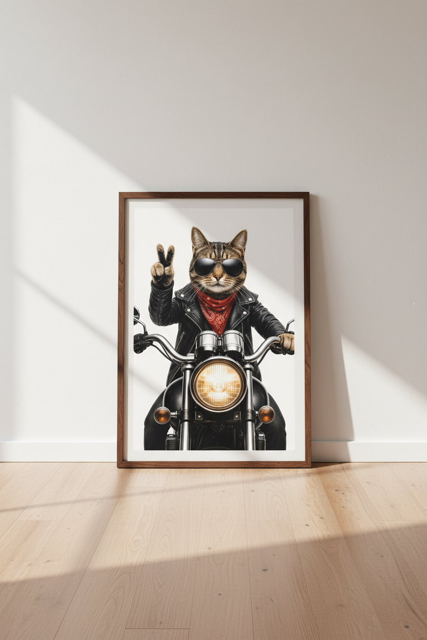 Biker Cat Motorcycle Wall Art Print | Funny Cool Cat Decor | Modern Pet Poster