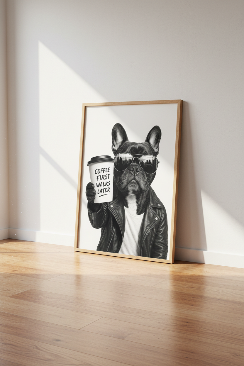 Frenchie Coffee First Wall Art | Black and White Dog Poster, Modern Home Decor
