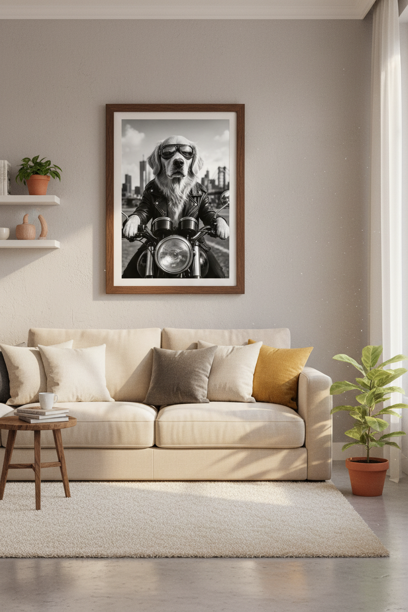 Golden Retriever Biker Wall Art | Modern Home Decor | Black and White Poster