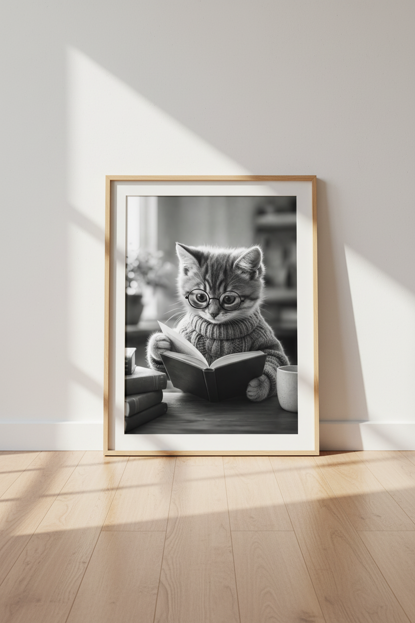 Reading Kitten Wall Art | Black and White Cat Poster, Library & Office Decor