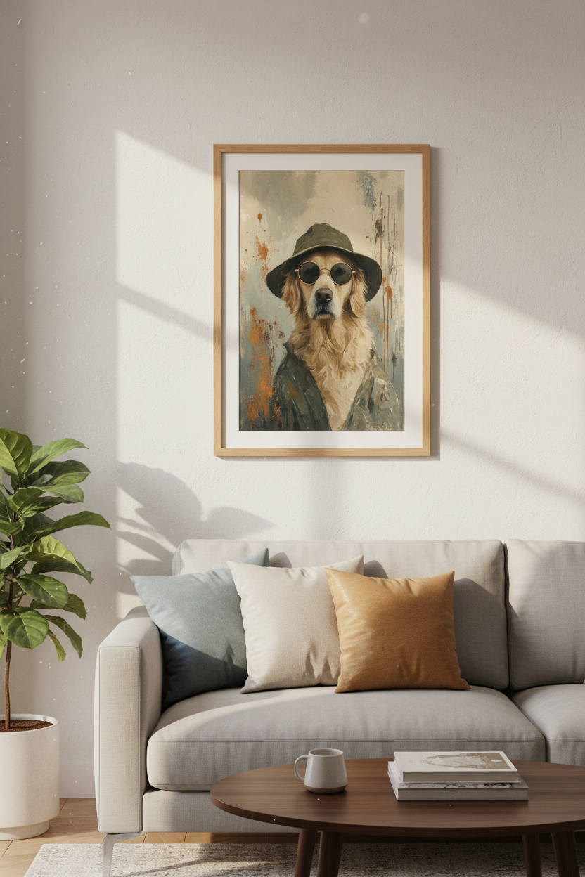 Golden Retriever Dog Oil Painting | Cool Animal Portrait, Neutral Living Room Decor