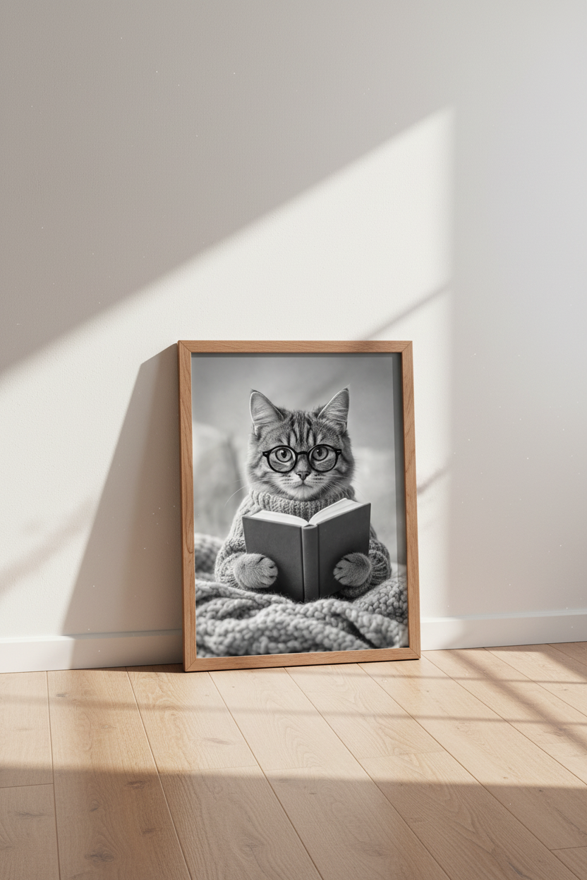 Reading Cat Wall Art Print | Black & White Library Decor | Academic Poster