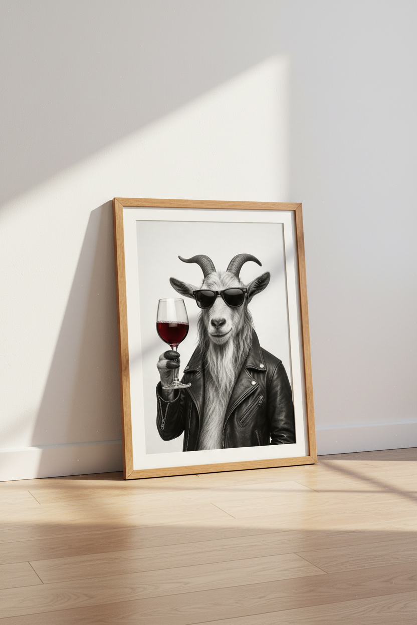 Cool Goat Drinking Wine Wall Art | Framed Animal Poster | Eclectic Bar Decor