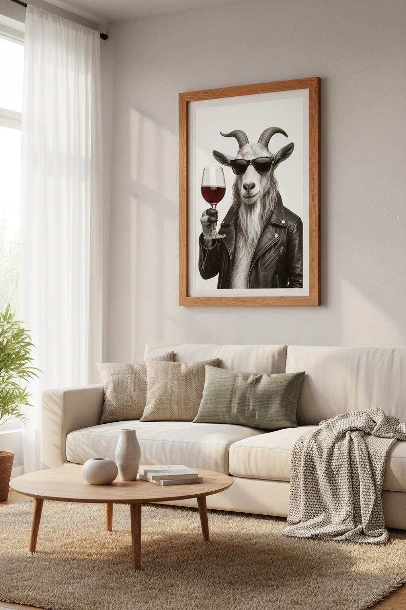 Cool Goat Drinking Wine Wall Art | Framed Animal Poster | Eclectic Bar Decor
