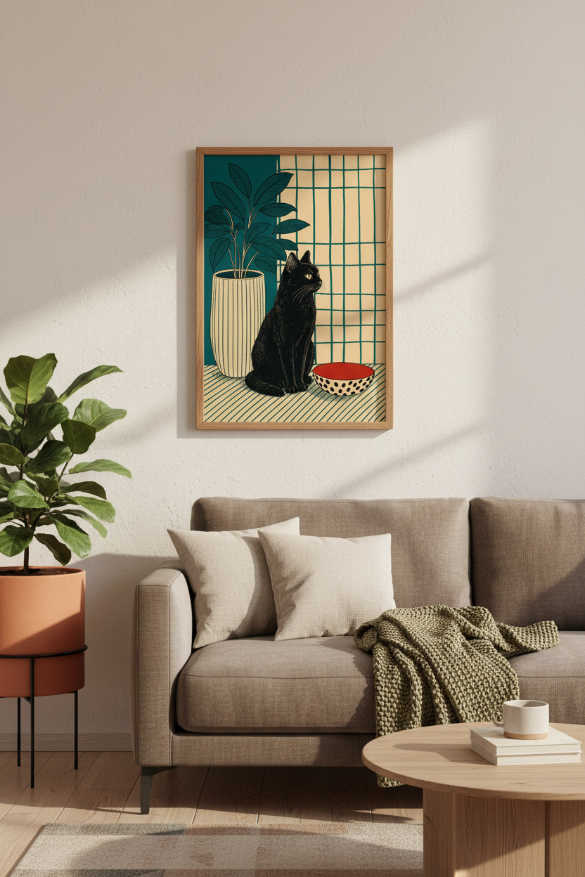 Black Cat & Houseplant Wall Art | Teal & Cream Mid Century Decor | Boho Cat Poster Print