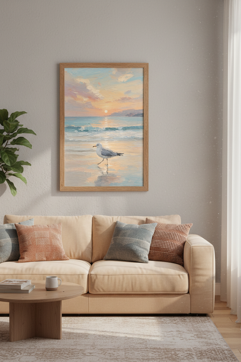 Seagull Beach Sunset Wall Art | Coastal Oil Painting, Pastel Decor Poster