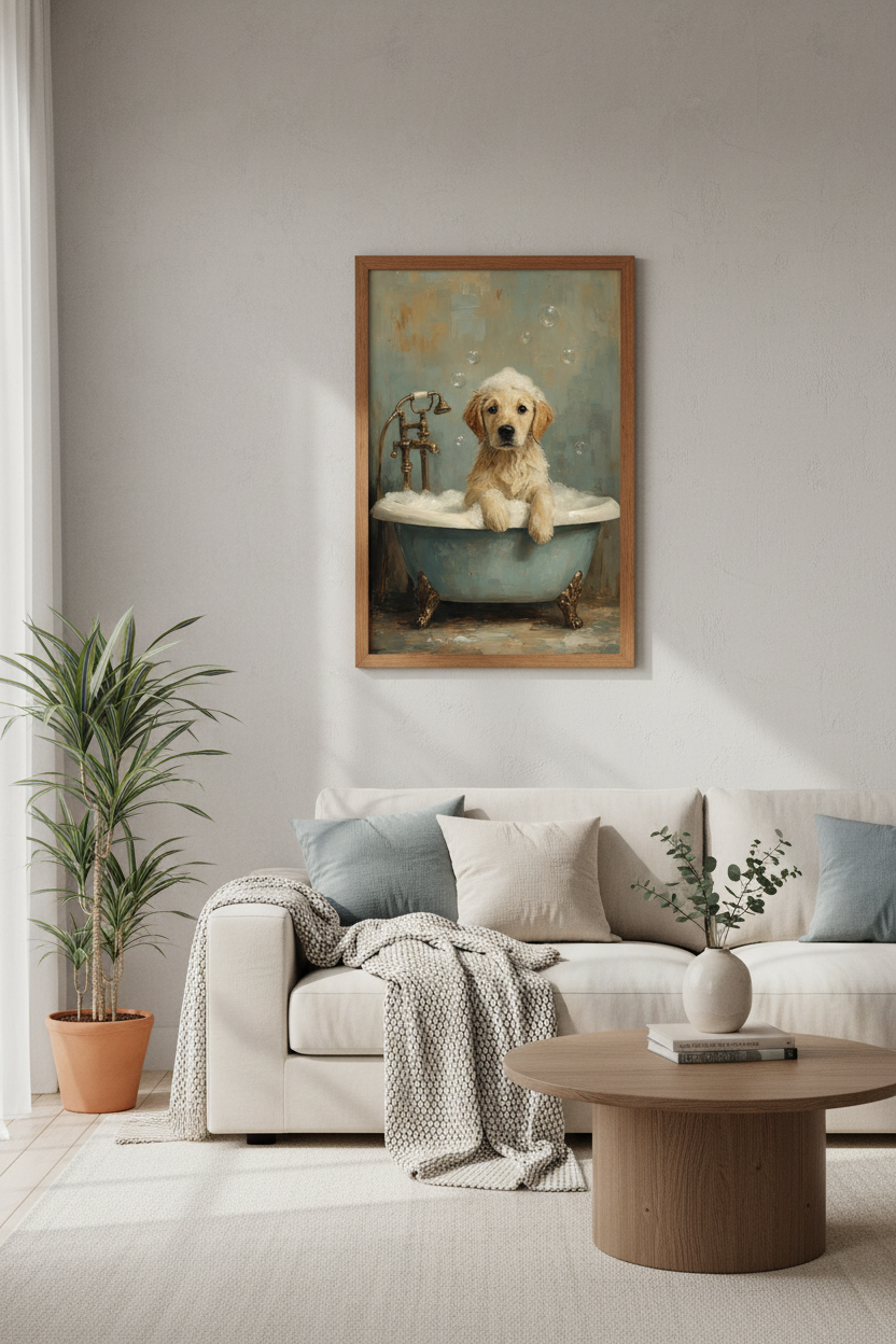 Golden Retriever Puppy in Bathtub Art | Bathroom Decor | Oil Style Poster