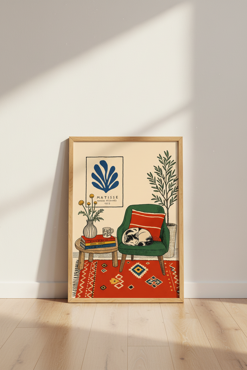 Cozy Cat Interior Art | Modern Boho Style, Reading Nook Decor Poster