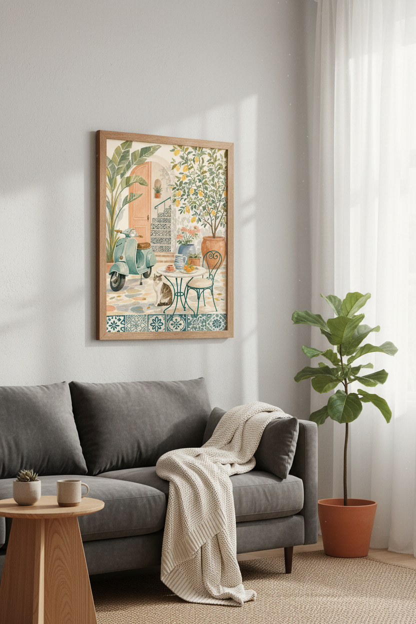 Mediterranean Courtyard Wall Art | Italian Summer Decor | Teal Scooter Poster