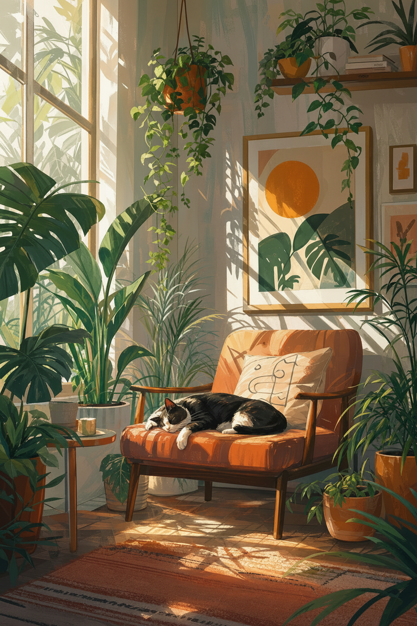 Cat in Sunroom Wall Art Print | Boho Plant Decor | Mid Century Poster