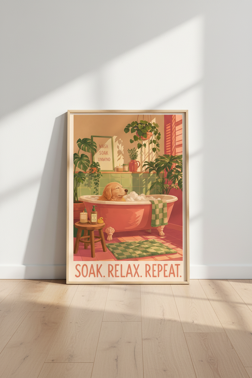 Dog Bathroom Wall Art | Golden Retriever Poster, Whimsical Boho Spa Decor