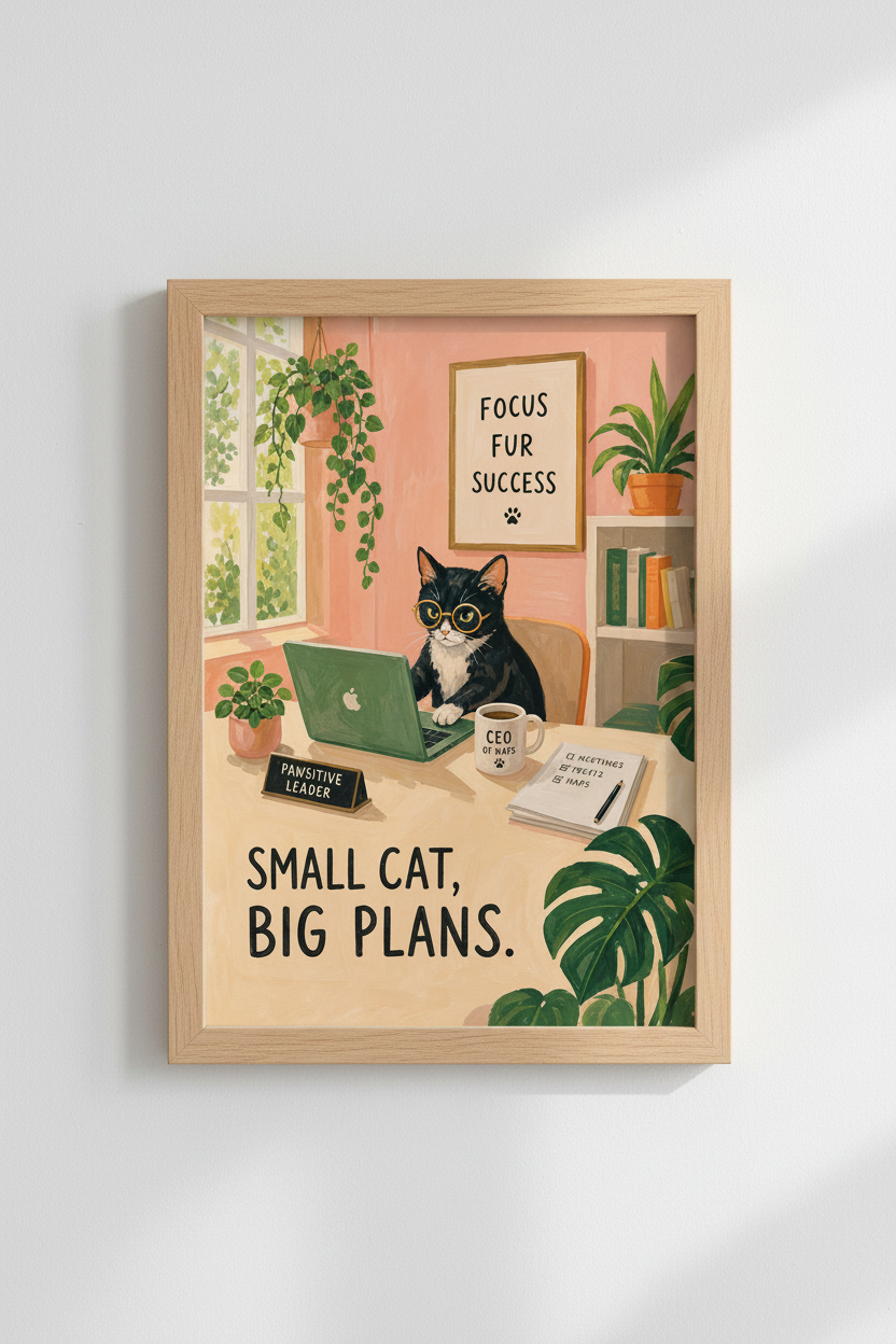 Funny Cat Office Art | Tuxedo Cat Motivational Poster, Home Office Decor