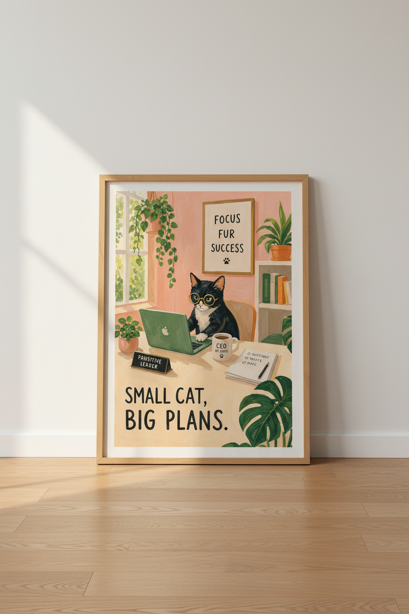 Funny Cat Office Art | Tuxedo Cat Motivational Poster, Home Office Decor