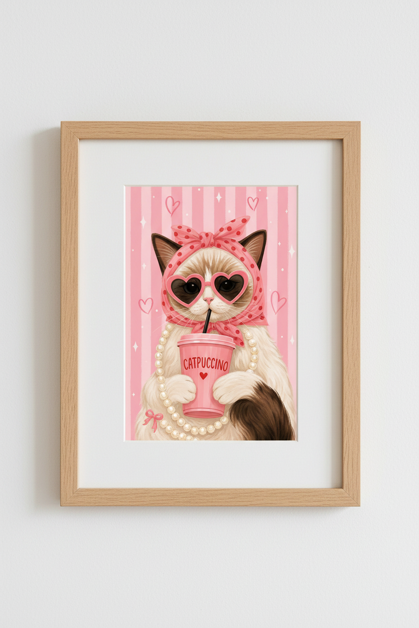 Pink Cat Wall Art Print | Cute Coquette Aesthetic, Girly Coffee Decor Poster